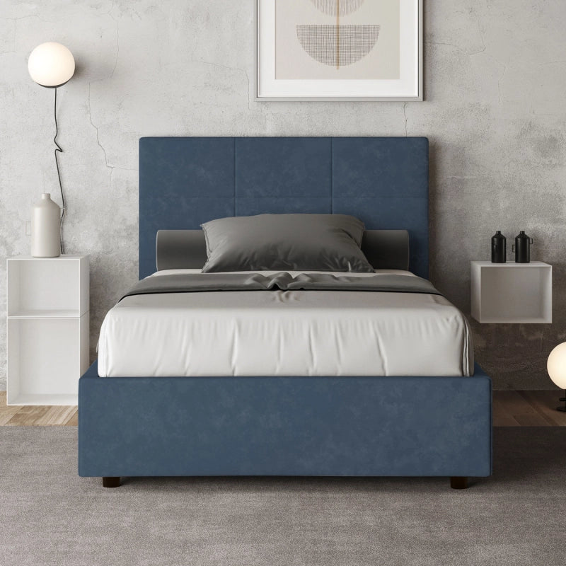 Letto imbottito 1 piazza e mezza 120x210 cm Mika - Contenitore,Microfibra,Blu