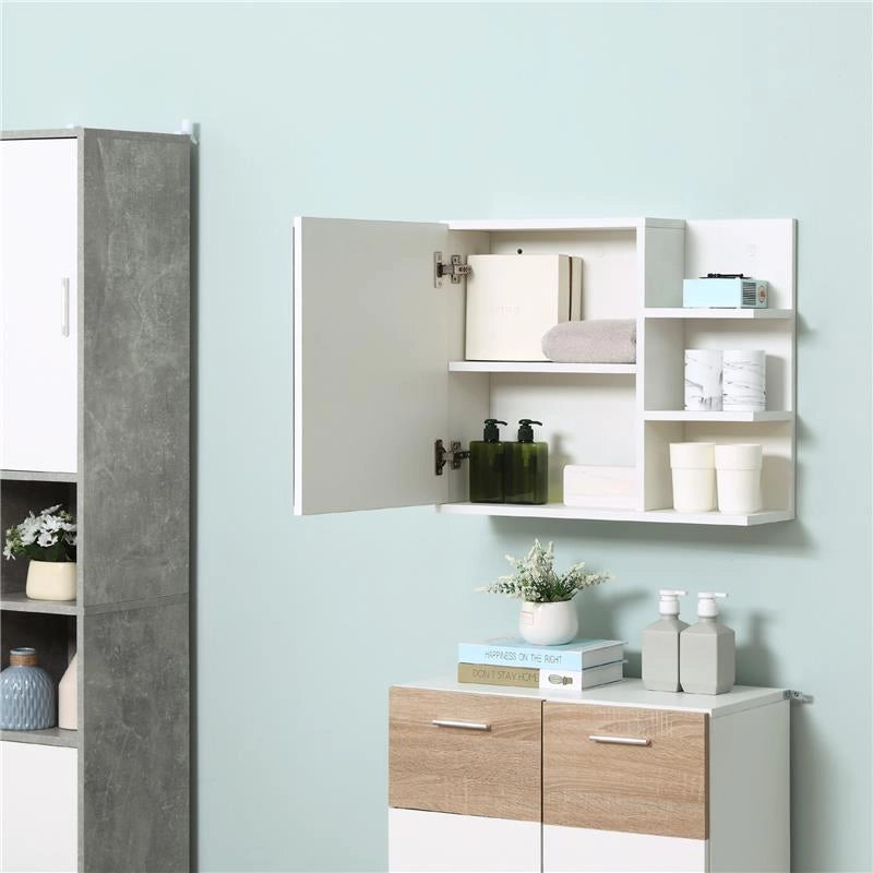 SPECCHIERA BAGNO A PARETE CON ANTA E 3 RIPIANI LATERALI IN LEGNO, 60X18X50CM, BIANCO