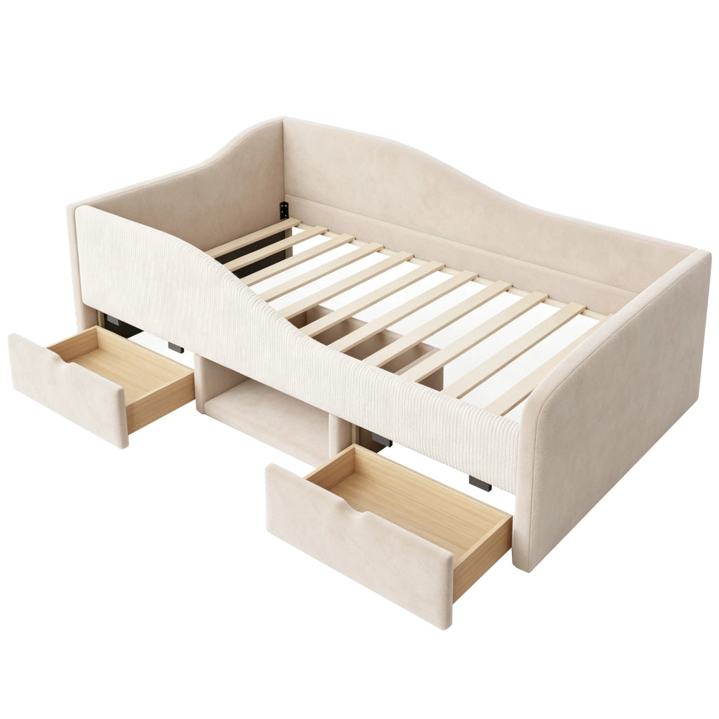 Letto imbottito per bambini 90 x 190 cm con cassetti e sponde; velluto beige