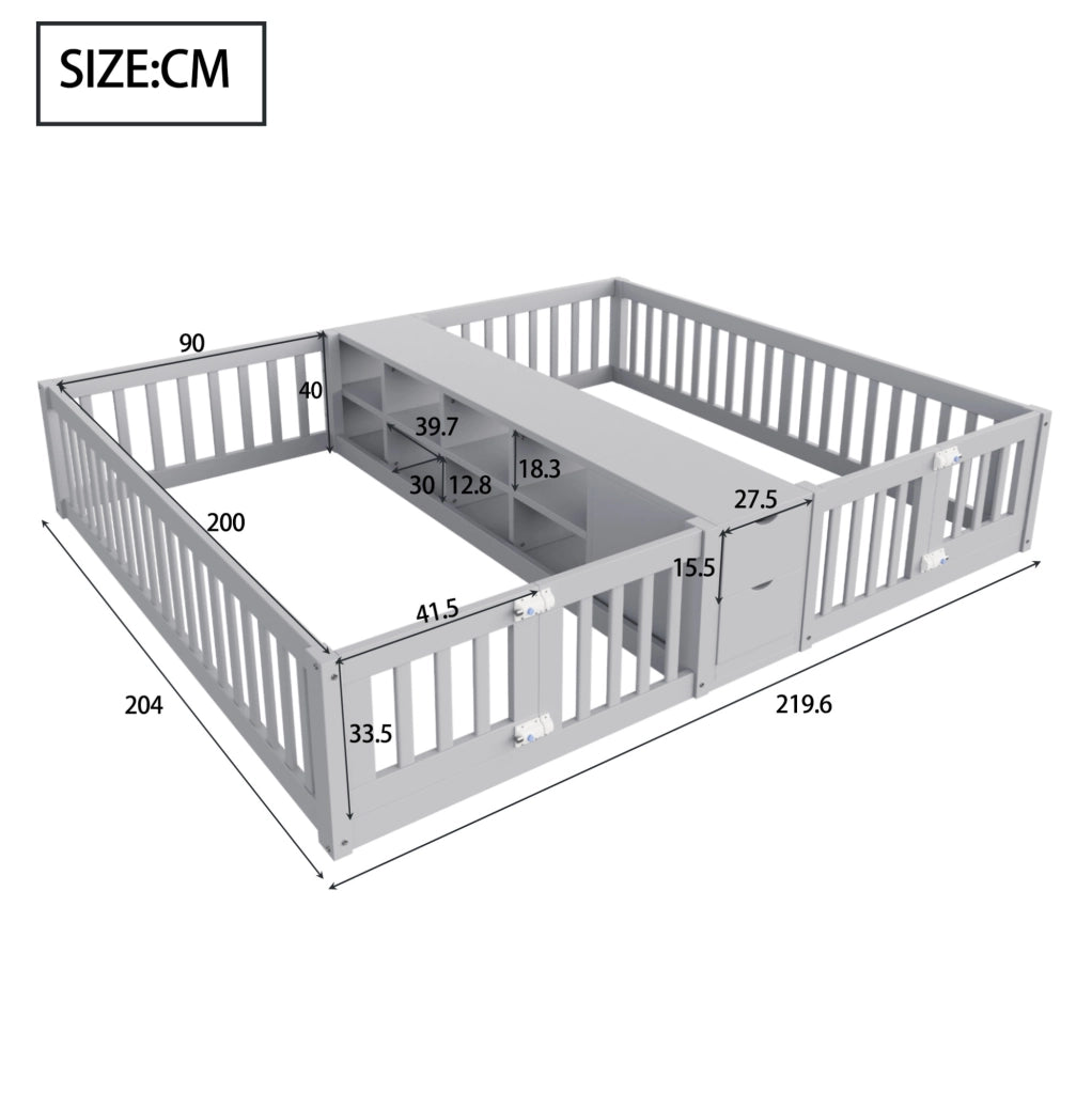 Letto 90x200 cm con sponde alte e cassetti in legno grigio