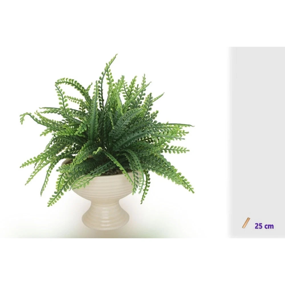 Trade Shop - Vaso Ceramica Bianco Con Pianta Artificiale Felce Di Boston 25cm Decorazione Casa 164407 -
