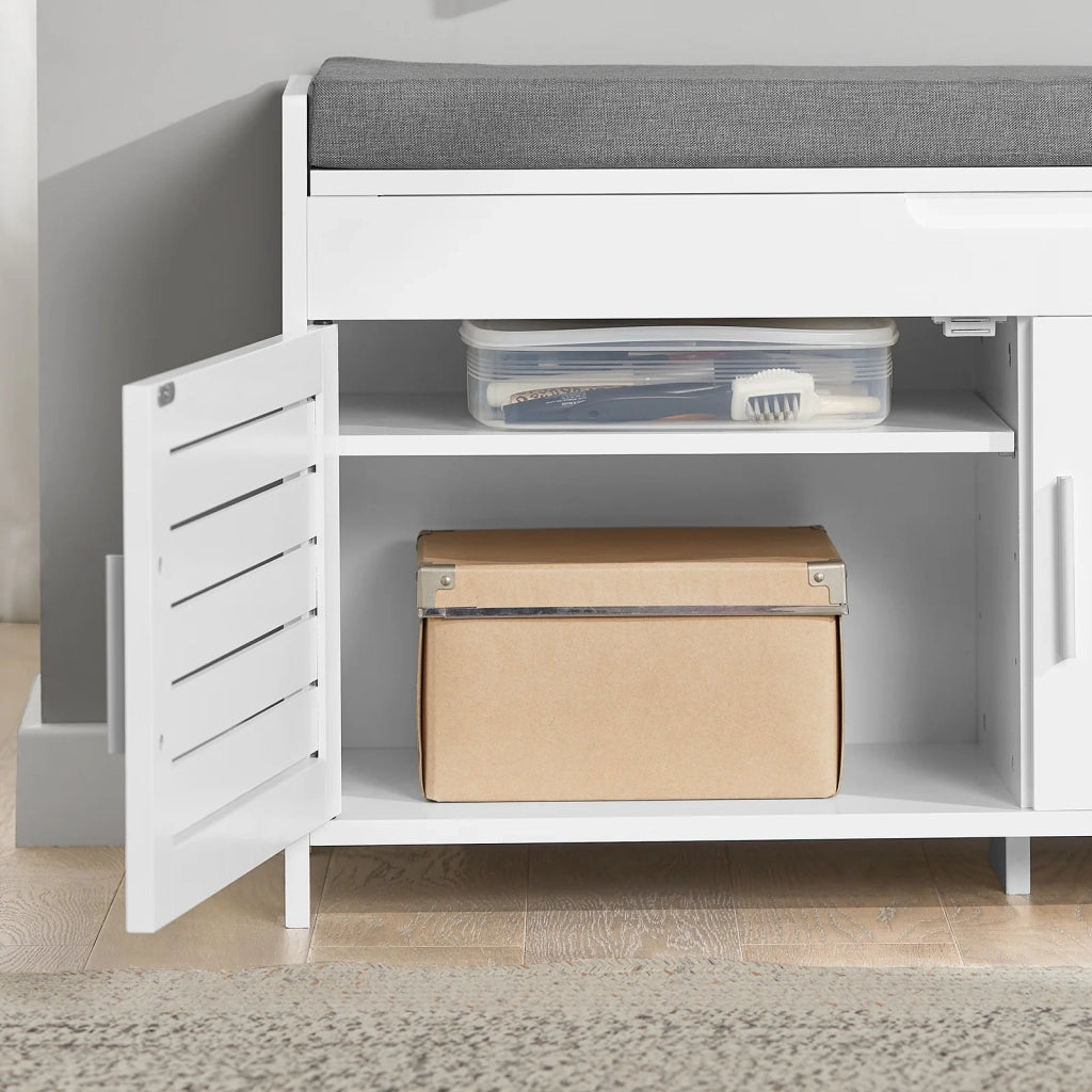 Panca contenitore con 2 ante Scarpiera con vano portaoggetti Panca ingresso Bianco, L90xP33xA50 cm FSR102-W