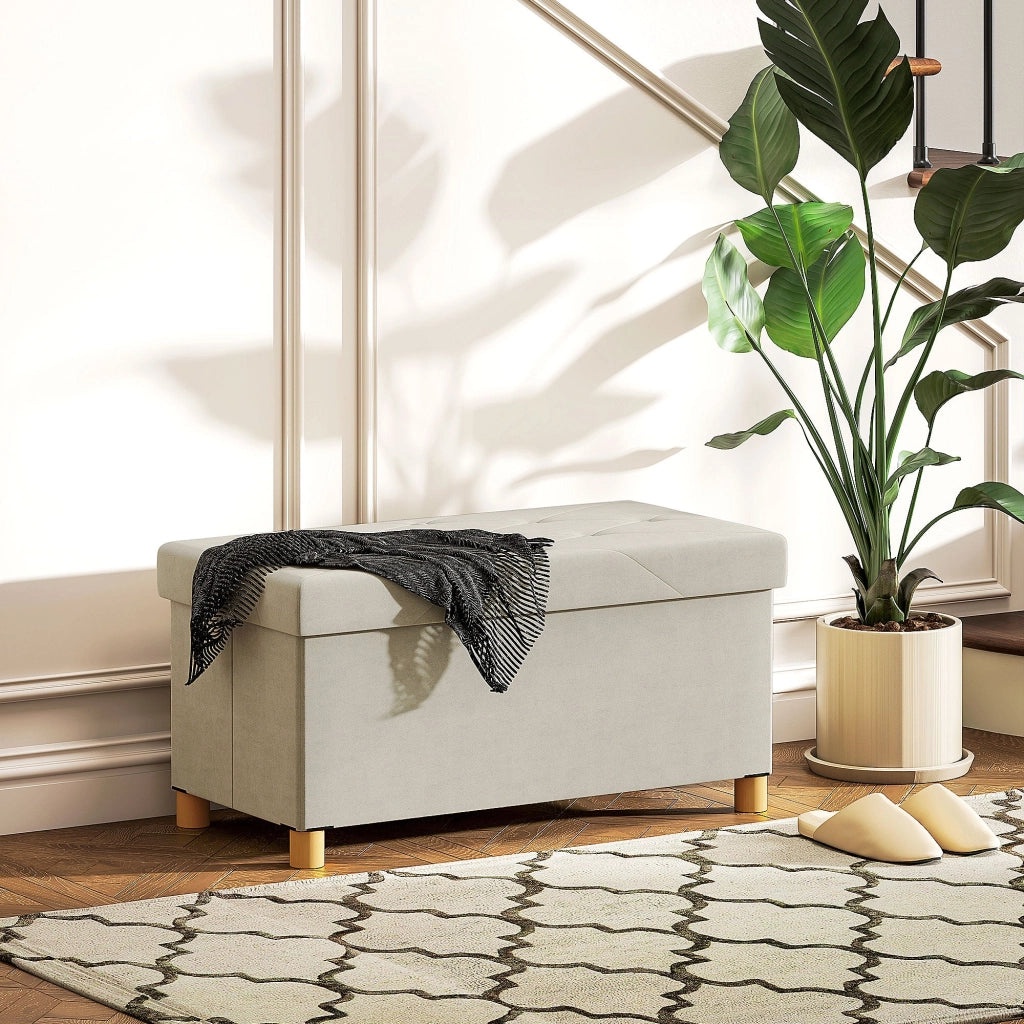 Panca Contenitore Pieghevole 67L 76x38x38cm Rivestimento Effetto Velluto Bianco Crema