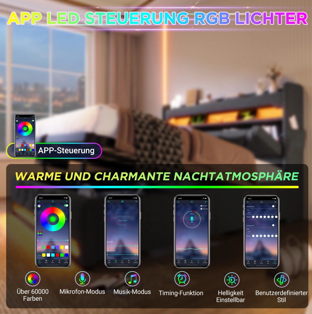 Letto 140x200 con LED 360°; contenitore idraulico; USB e Type-C; grigio