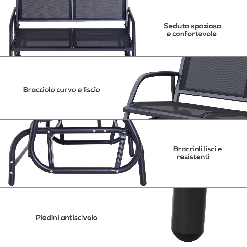 Panchina a Dondolo da Giardino 2 Posti in Metallo e Texteline, Robusta e Resistente per Esterno, 120x70x85cm, Nero