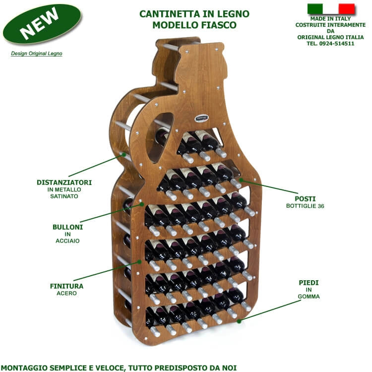 CANTINETTA IN LEGNO PORTA BOTTIGLIE VINO MODELLO FIASCO 36 BOTTIGLIE FINITURA NOCE L.75 x P,25 x H.150 100% FABBRICATO IN ITALIA