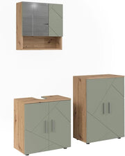 Set di mobili da bagno Irma, Verde salvia, 60 cm, composto da mobile sottolavabo, specchiera e mobile medio