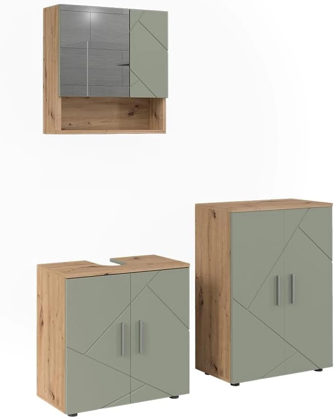 Set di mobili da bagno Irma, Verde salvia, 60 cm, composto da mobile sottolavabo, specchiera e mobile medio