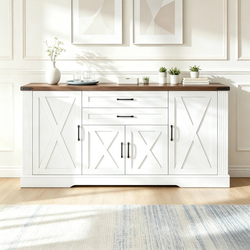 Credenza Sideboard bianca con piano d¡¯appoggio, 4 ante, 2 cassetti, 160x39x81,5 cm