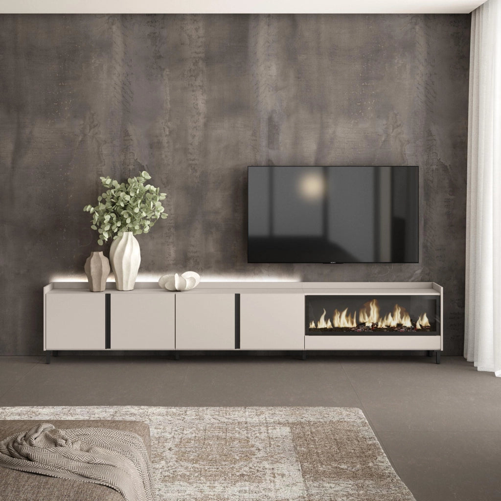 Mobile TV Soggiorno, 315x61x35 cm, Per TV fino a 80", Camino elettrico XXL, Design industriale, LED, Beige