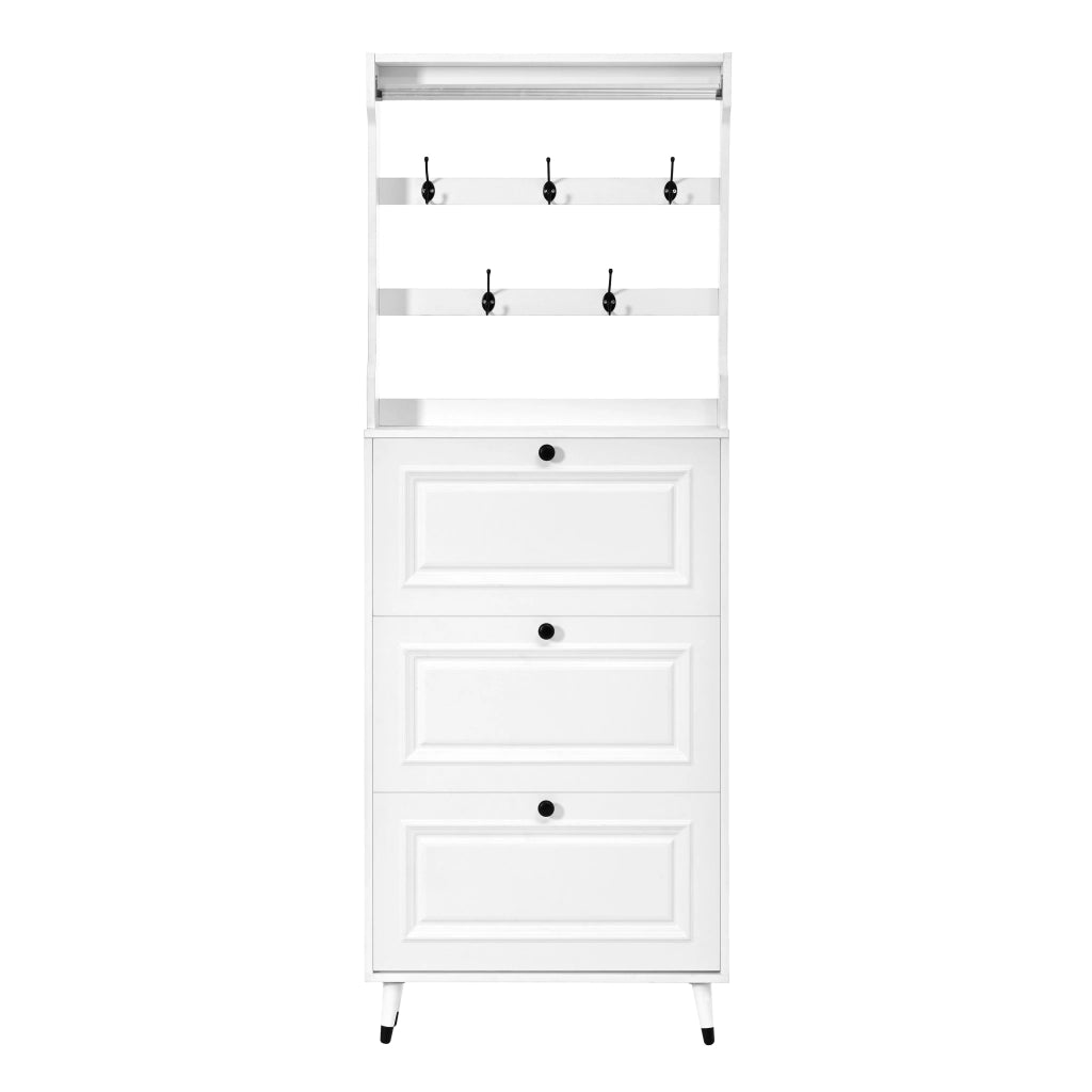Mobile da ingresso con 3 ante a ribalta; 6 ganci e asta; per scarpe e abiti; bianco; 66 Ã— 17 Ã— 180 cm
