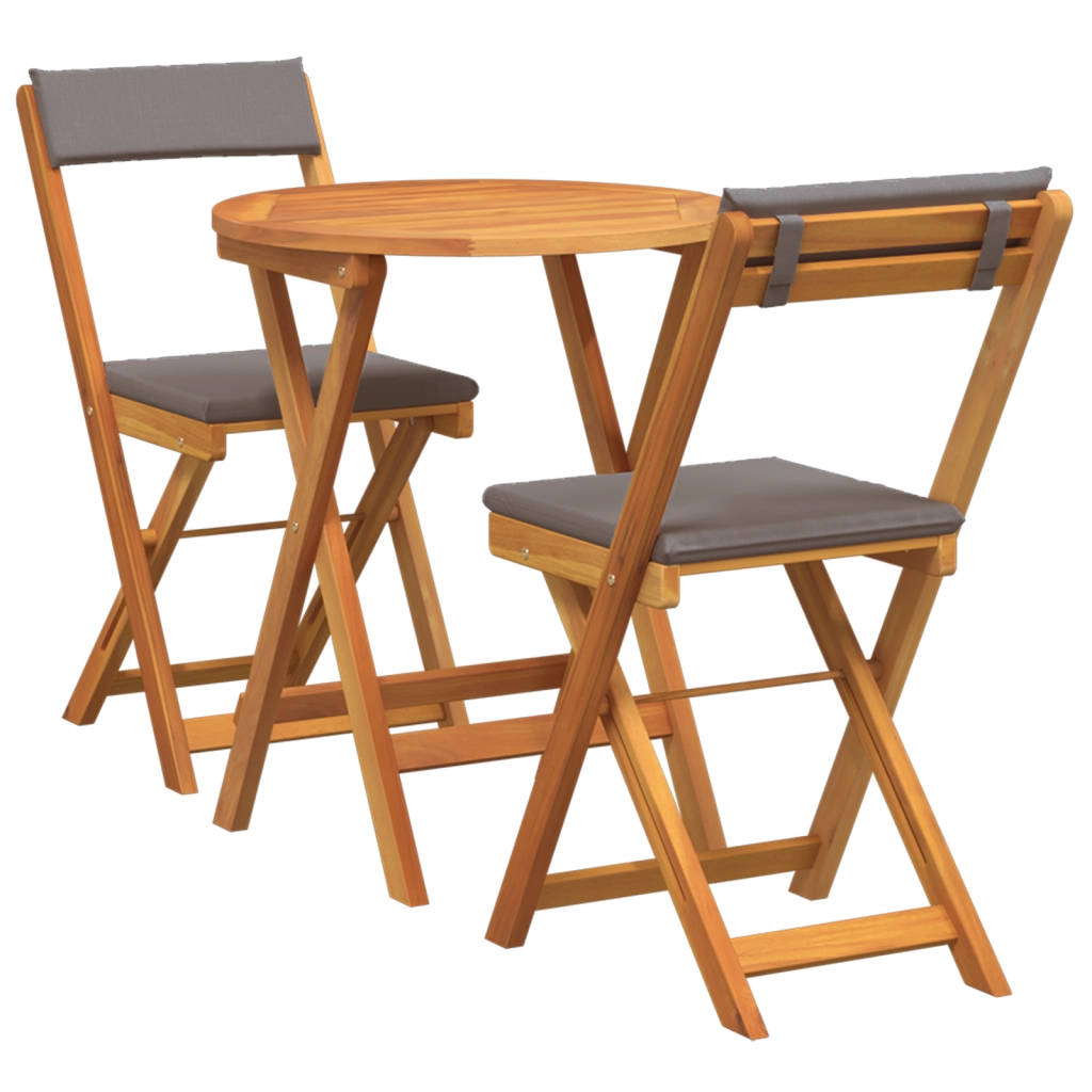 Set Bistro Pieghevole da 3 Pezzi con Cuscini in Legno Massello Acacia
