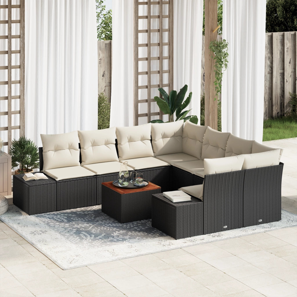Set di divani da giardino 9 pezzi con cuscini in Polyrattan nero e acacia