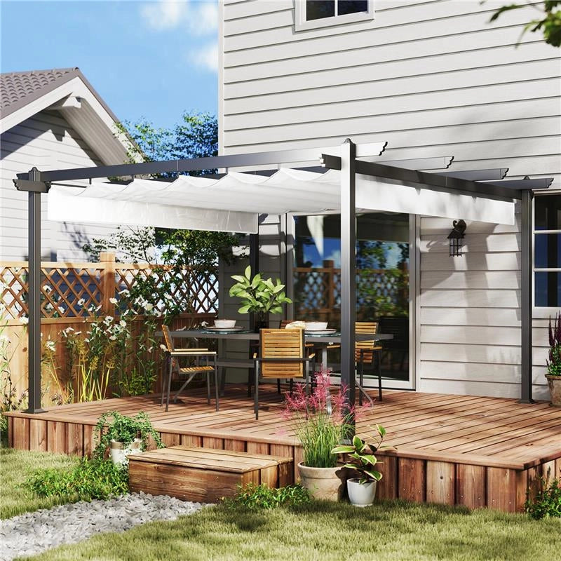 GAZEBO PERGOLA 4X4 M CON TETTUCCIO RETRATTILE, 8 VITI E 8 PICCHETTI IN ALLUMINIO, POLIESTERE E METALLO, BIANCO