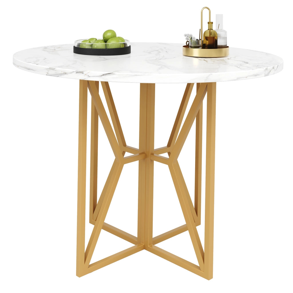 Tavolo da pranzo rotondo con piano in MDF effetto marmo e gambe in metallo regolabili per soggiorno, oro, 80 × 80 × 76 cm