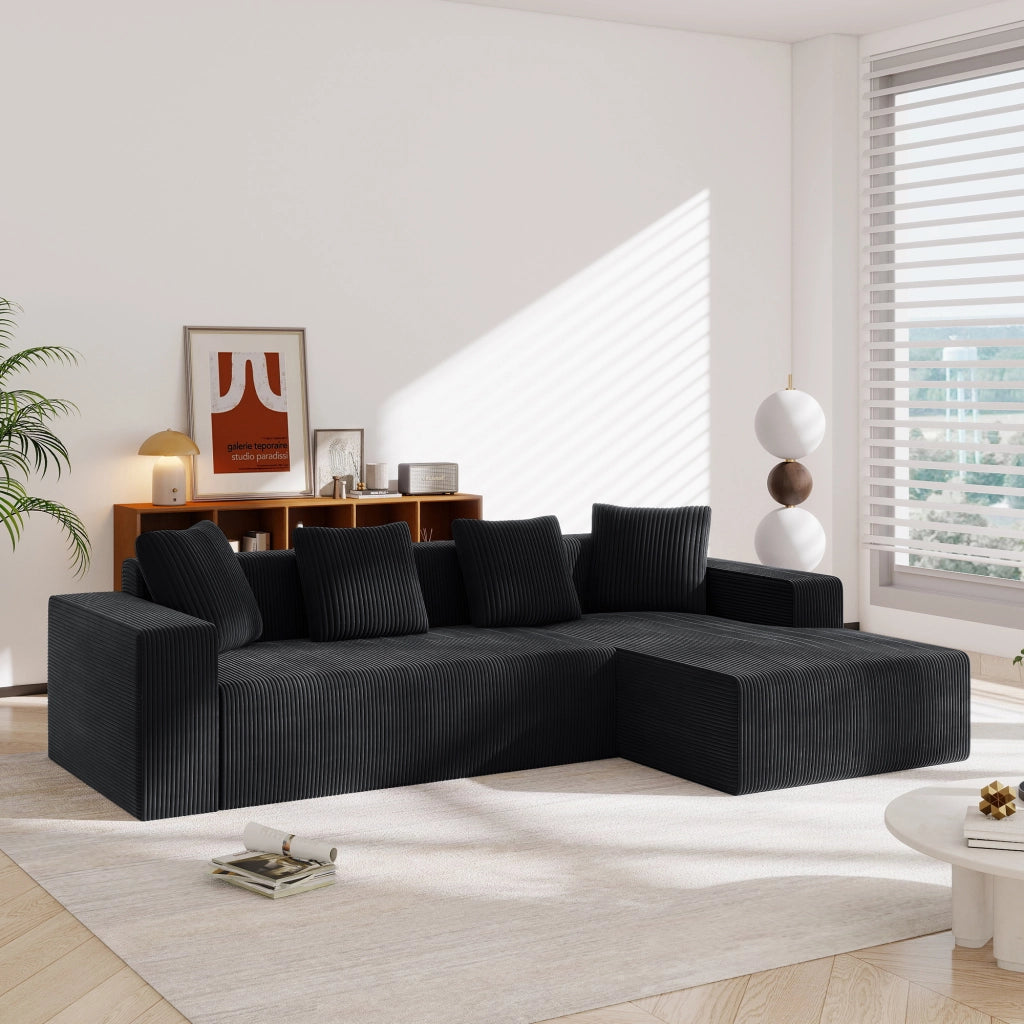 Divano modulare angolare 3 posti con chaise longue e 4 cuscini, seduta profonda, in velluto a coste, Nero