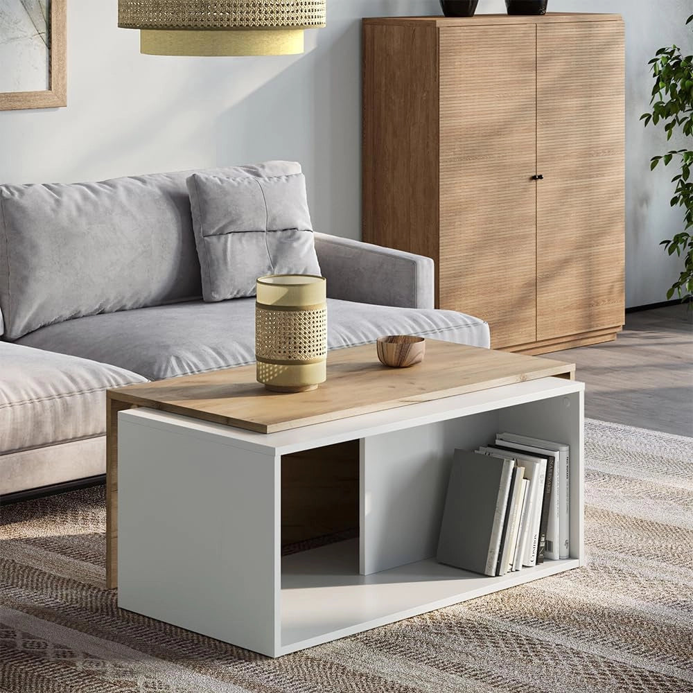Tavolino da salotto Paul, Rovere bianco/dorato, 90 x 48 cm, con piano girevole e ripiano aggiuntivo