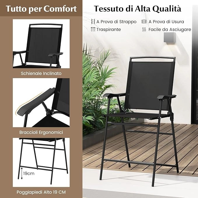 Set Tavolino e Sedie da Giardino, Set da Bistro con Sedie Pieghevoli, Tavolino con Foro per Ombrellone e Poggiapiedi, Tavolino da Bar per Patio, Tavolino Portata 50 kg, Sedia Portata 150 kg