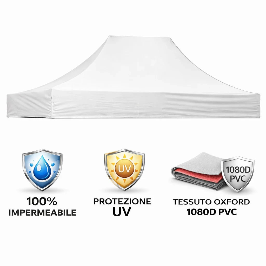 Gazebo richiudibile pieghevole 3 X 4,5 Bianco ricoperto in PVC impermeabile