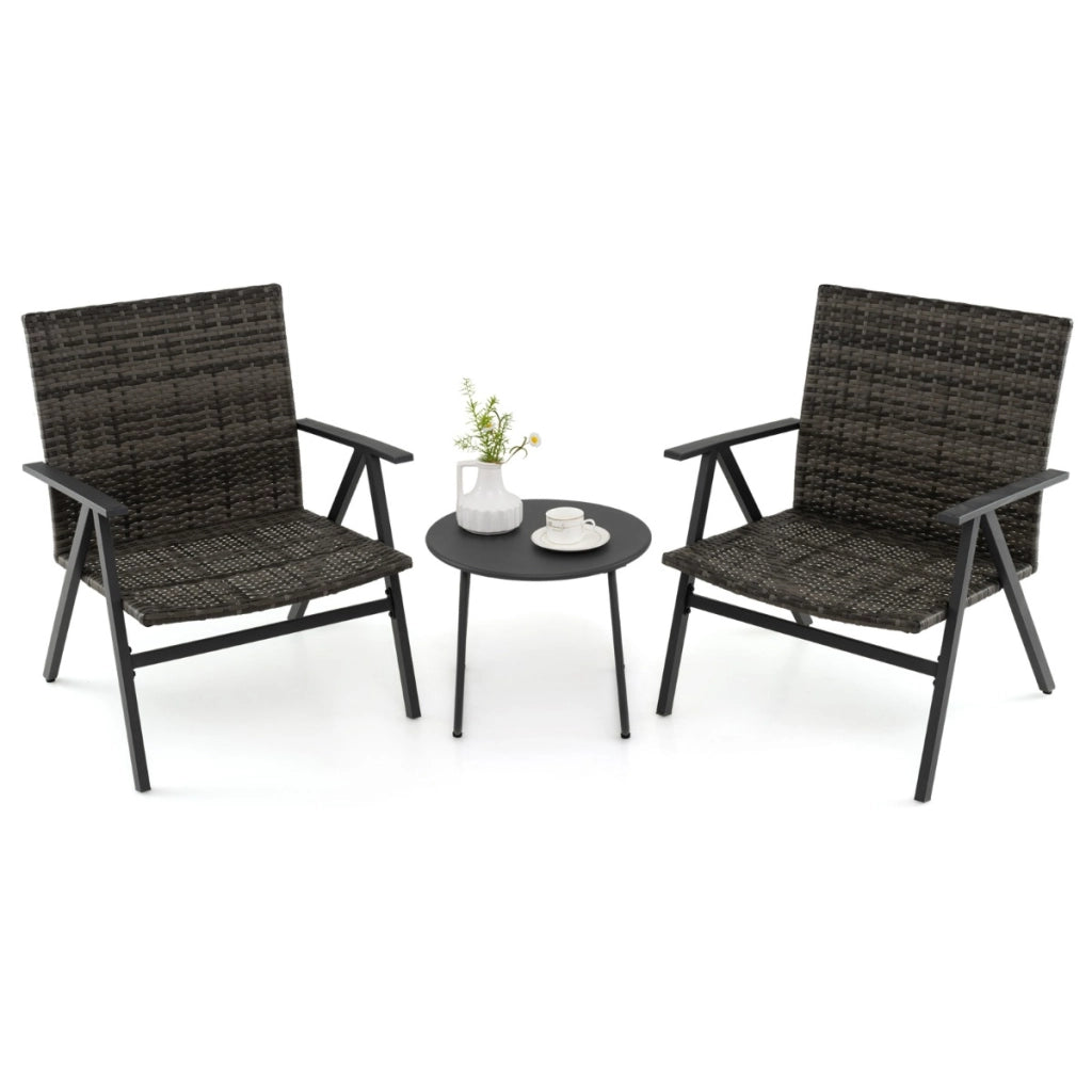 Set bistro da 3 pezzi per patio con schienale e seduta in rattan, Set conversazioni con tavolino rotondo per balcone Grigio-Set mobili da esterno