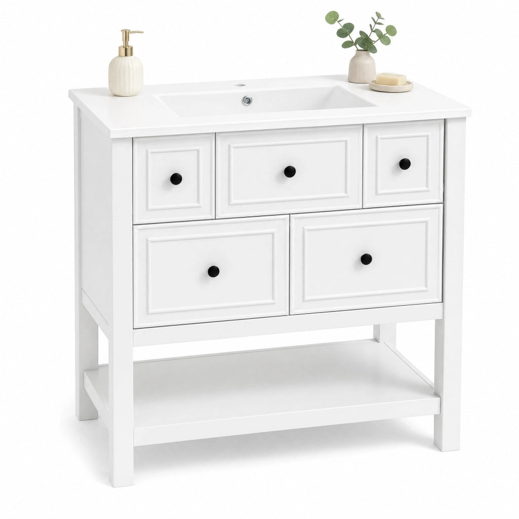 Mobile lavabo freestanding 76 x 46,5 x 82 cm, bianco, in MDF e ceramica, 5 cassetti e vani aperti