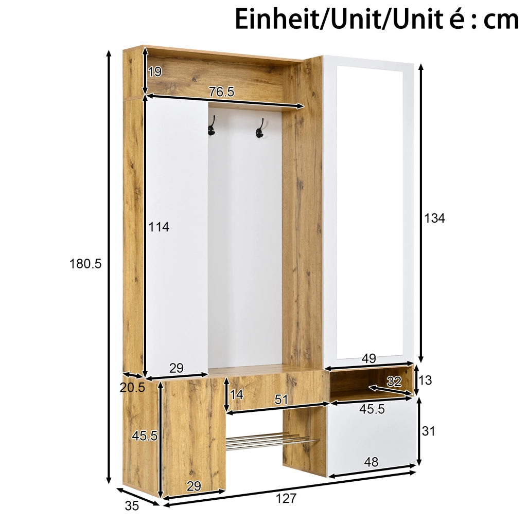 Mobile ingresso con specchio e scarpiera 127x35x180,5 cm in MDF bianco e naturale HAVRYA
