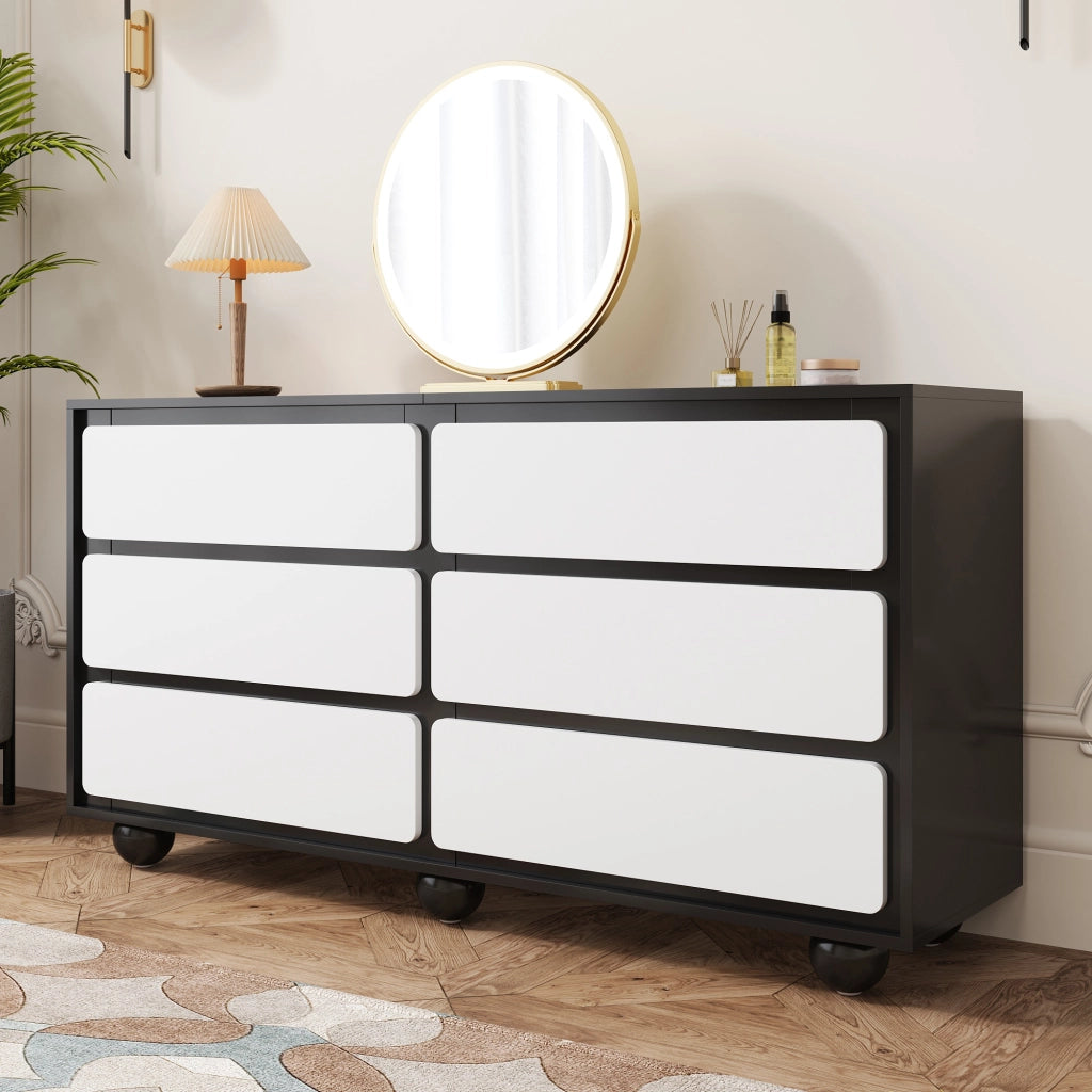 Comò 6 cassetti 140 × 38 × 74,5 cm, Bianco/Nero, in pannello di legno