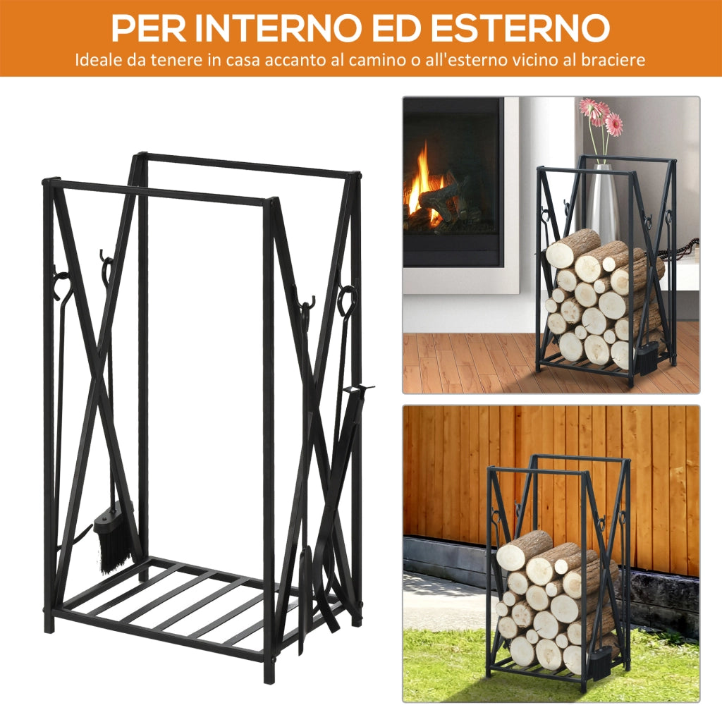 Porta Legna per Camino con Attrezzi ¨C Zephmum ¨C Acciaio, 46x30x76cm, Nero