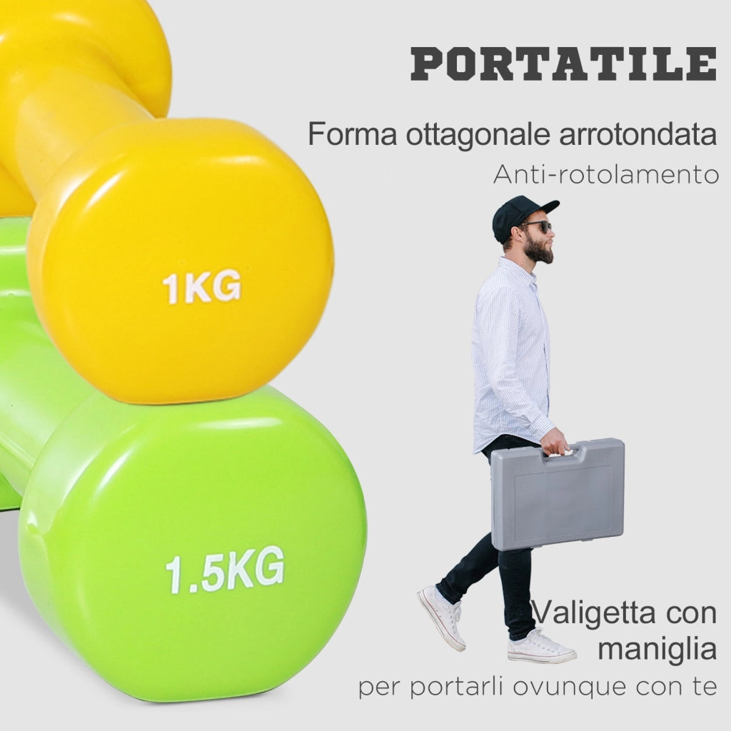 Manubri Pesi, Set Manubri Palestra da 10kg con Valigetta 4 Paia di Manubri Colorati, Fucsia, Giallo, Verde, Viola, Grigio, (2x0.5kg, 2x1kg, 2x1.5kg, 2x2kg)