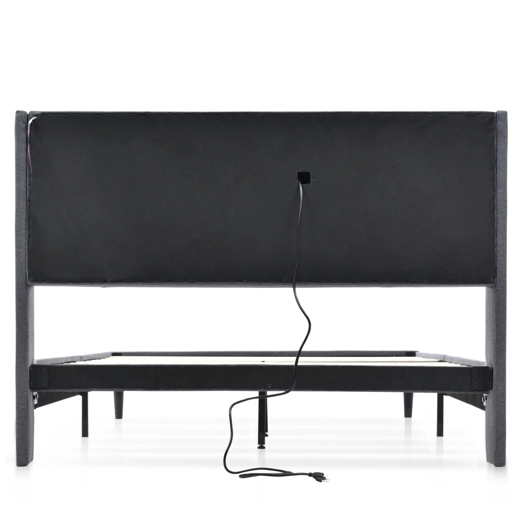 Letto Imbottito Contenitore Matrimoniale ¨C MINIMAL ¨C Grigio, LED, USB, Rete Doghe Legno, 160x200