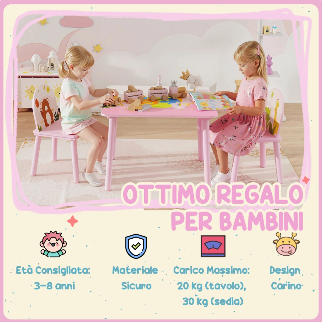 Set Tavolo e Sedie per Bambini 3-8 Anni Disegni di Animali e Bordi Arrotondati in MDF e Legno di Pino Rosa