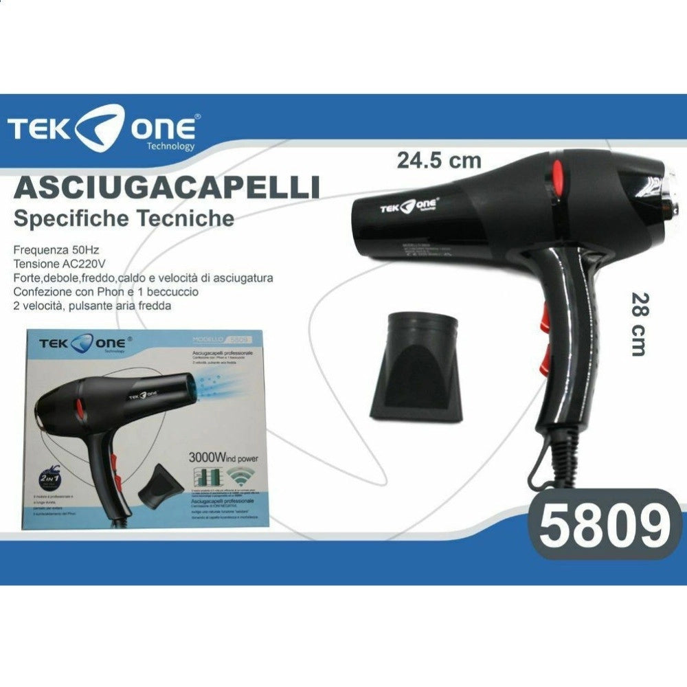 Trade Shop - Asciugacapelli Phon Tekone 5809 Professionale 2in1 Beccucci 2 Velocità 950w -