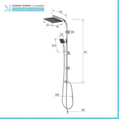 Colonna doccia regolabile H 93 in acciaio cromo con soffione 19x19