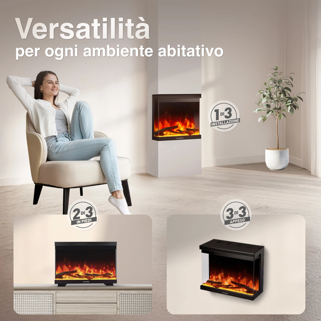 KAMINIO Camino elettrico LEA - Camino 3 in 1 con vista panoramica, riscaldamento, effetto fiamma, 12 colori delle fiamme, telecomando - 24 pollici