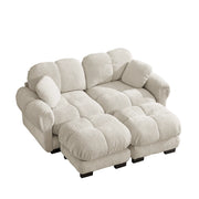 Divano modulare 2 posti con cuscini trapuntati e pouf mobile per soggiorno in ciniglia beige chiaro