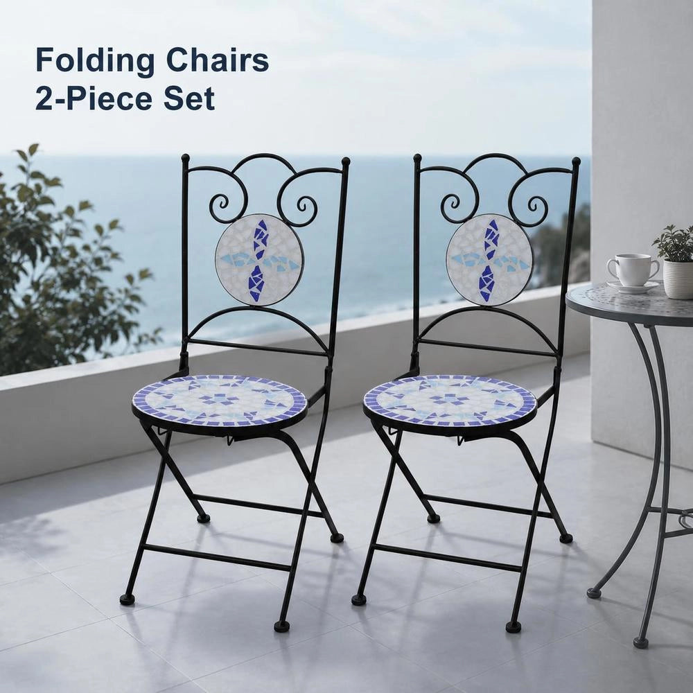 Bistro Chairs, Folding, 2 Pieces, Ceramic, Blue And White
