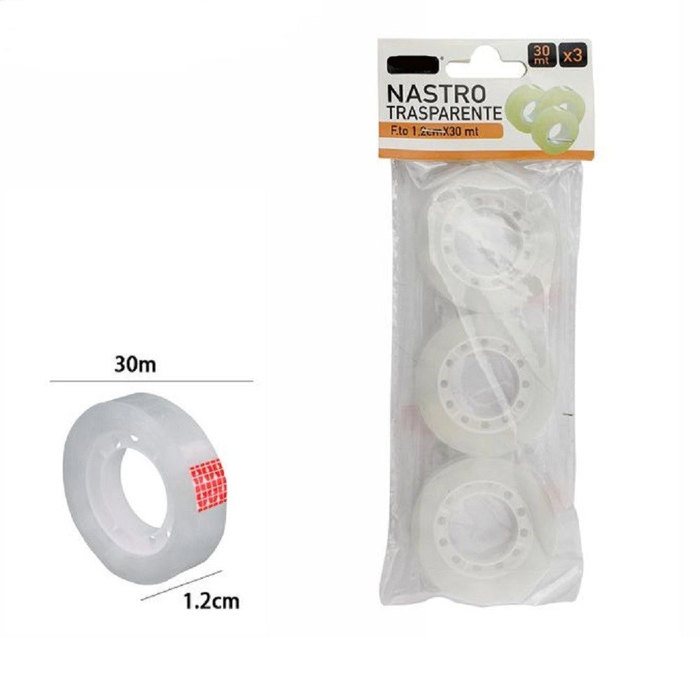 Trade Shop - Set 3 Pezzi Rotolo Nastro Adesivo Trasparente Piccolo 1,2 Cm X 30 Metri 69808 -