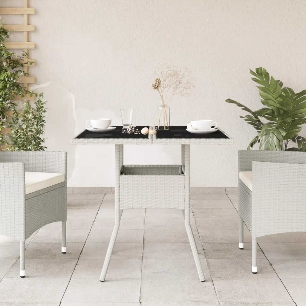 Tavolo Giardino | Tavolino da esterno con Piano Vetro Bianco 80x80x75 cm Polyrattan