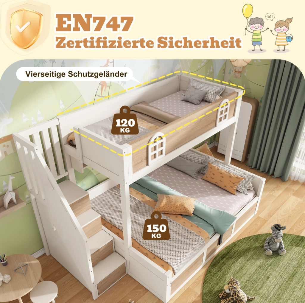 Letto a castello con scala contenitore 90x200 e 140x200 cm in legno bianco e naturale