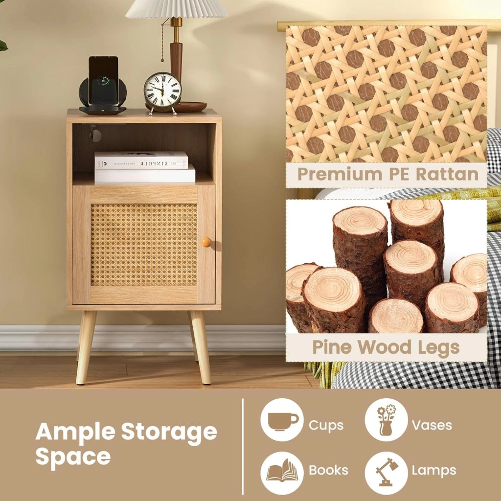Comodino in legno, con porta in rattan e gambe in pino, tavolino con armadio e ripiano aperto, per camera da letto, soggiorno, 40 x 39 x 70 cm, naturale