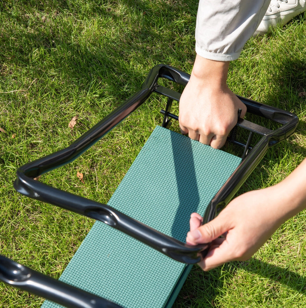 Panca da giardino pieghevole in acciaio con schiuma EVA, 58x28x49 cm, supporto fino a 150 kg, colore verde scuro