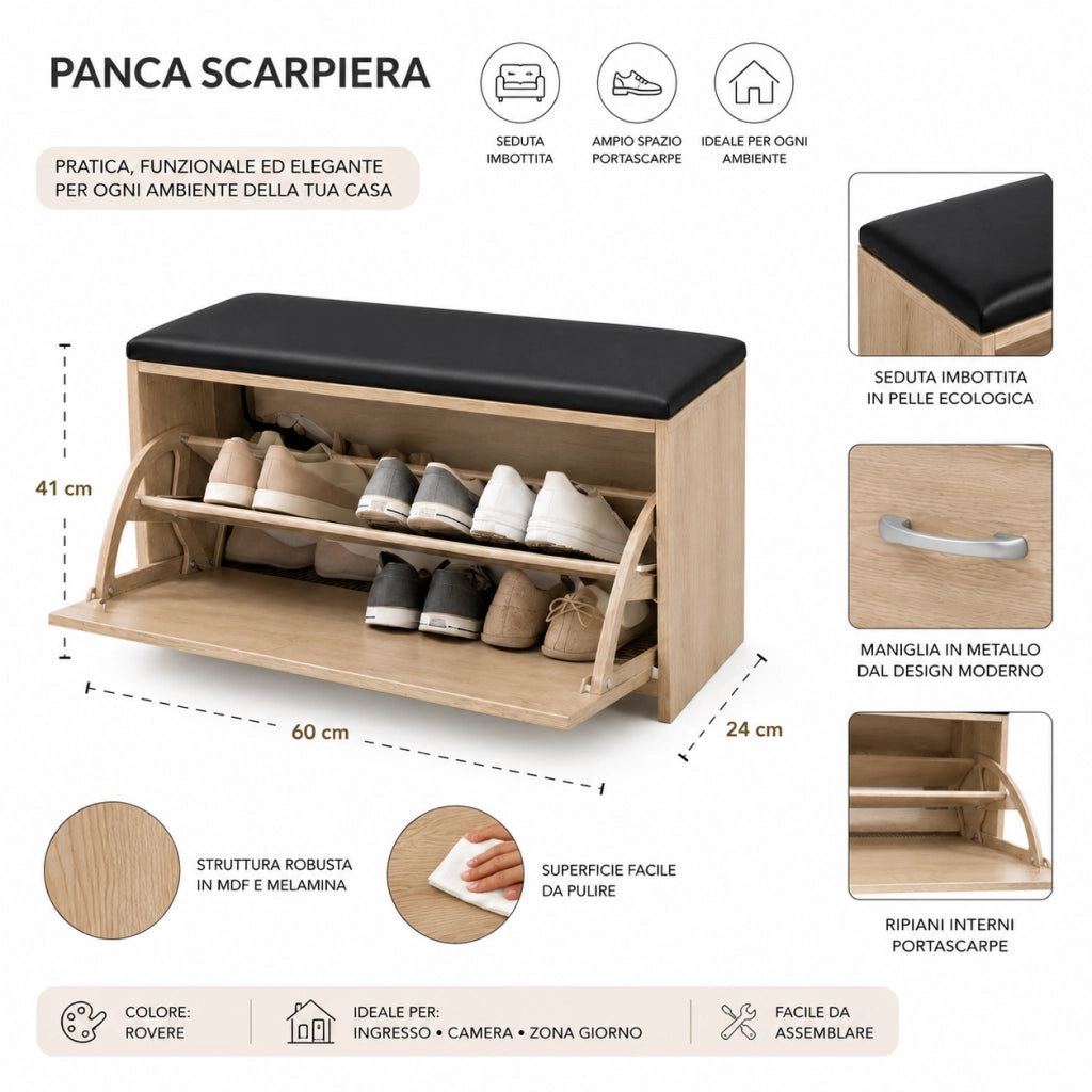 Panca Scarpiera Salvaspazio con Seduta Imbottita Ecopelle 60x24x41 cm Rovere