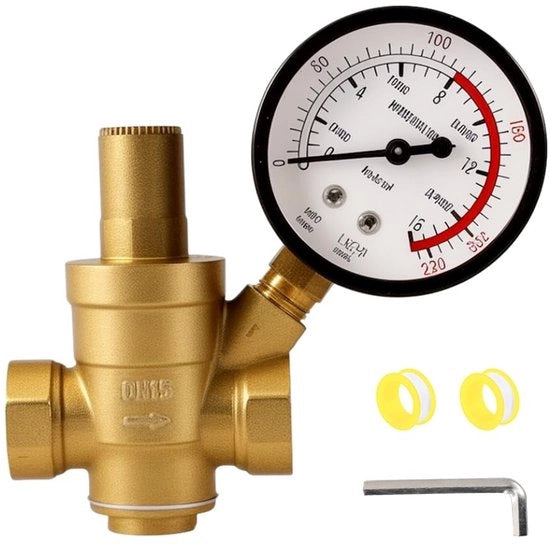 Regolatore di pressione acqua 1/2 pollici DN15 con manometro - Valvola di riduzione di pressione acqua - Regolatore di pressione acqua - Latta - Montaggio semplice - Per sistemi domestici e industriali - Valvola di pressione acqua