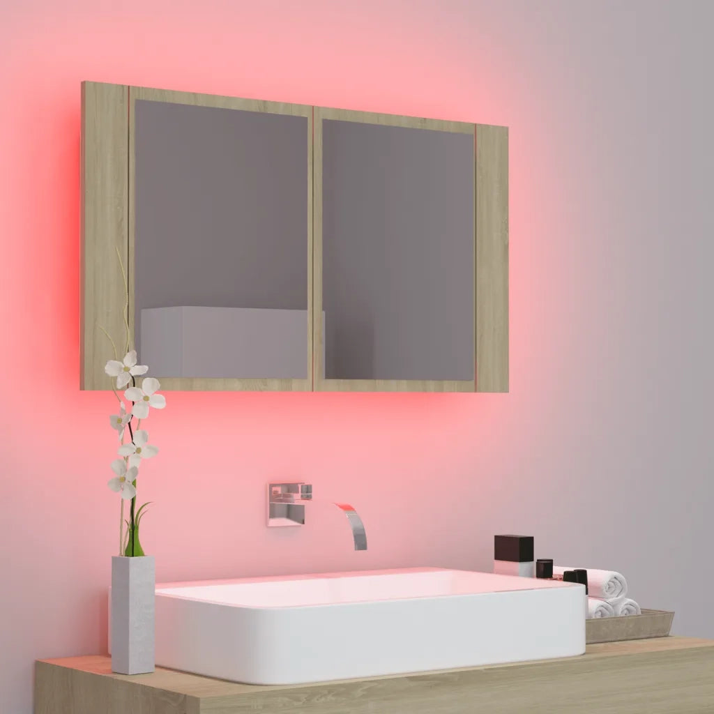 Armadietto a Specchio con Luci LED Rovere Sonoma in Acrilico 804967