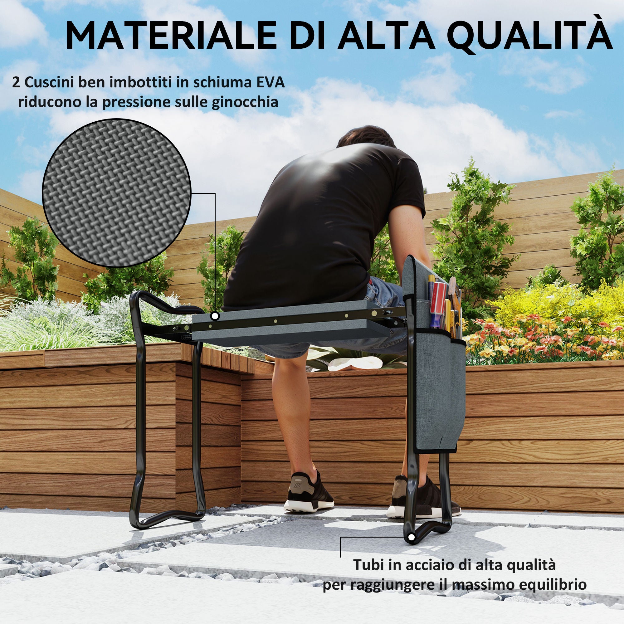 Sedia Inginocchiatoio 2 in 1 con Borsa Portaoggetti 58x28x49 cm e Cuscino in Acciaio e EVA Grigio e Nero
