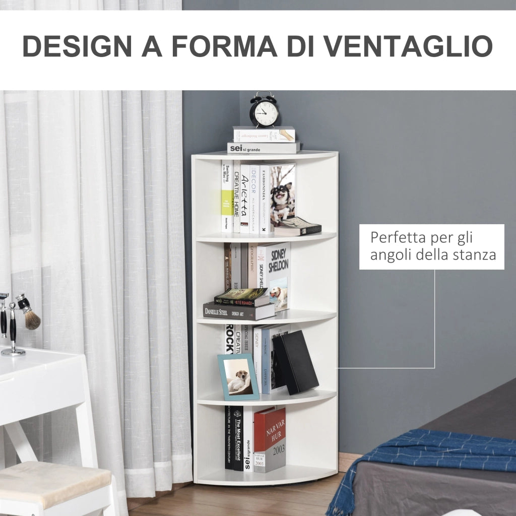 Libreria ad Angolo da Parete e Muro con 4 Ripiani in Legno Bianco 39.5x39.5x120 cm