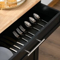 Carrello da Cucina Multiuso con Cassetto, Ruote, Portaspezie e Armadietto, Mobiletto Cucina con Ripiano Regolabile, Portasciugamani e Piano in Legno di Caucciù, 109x40x89 cm, Nero