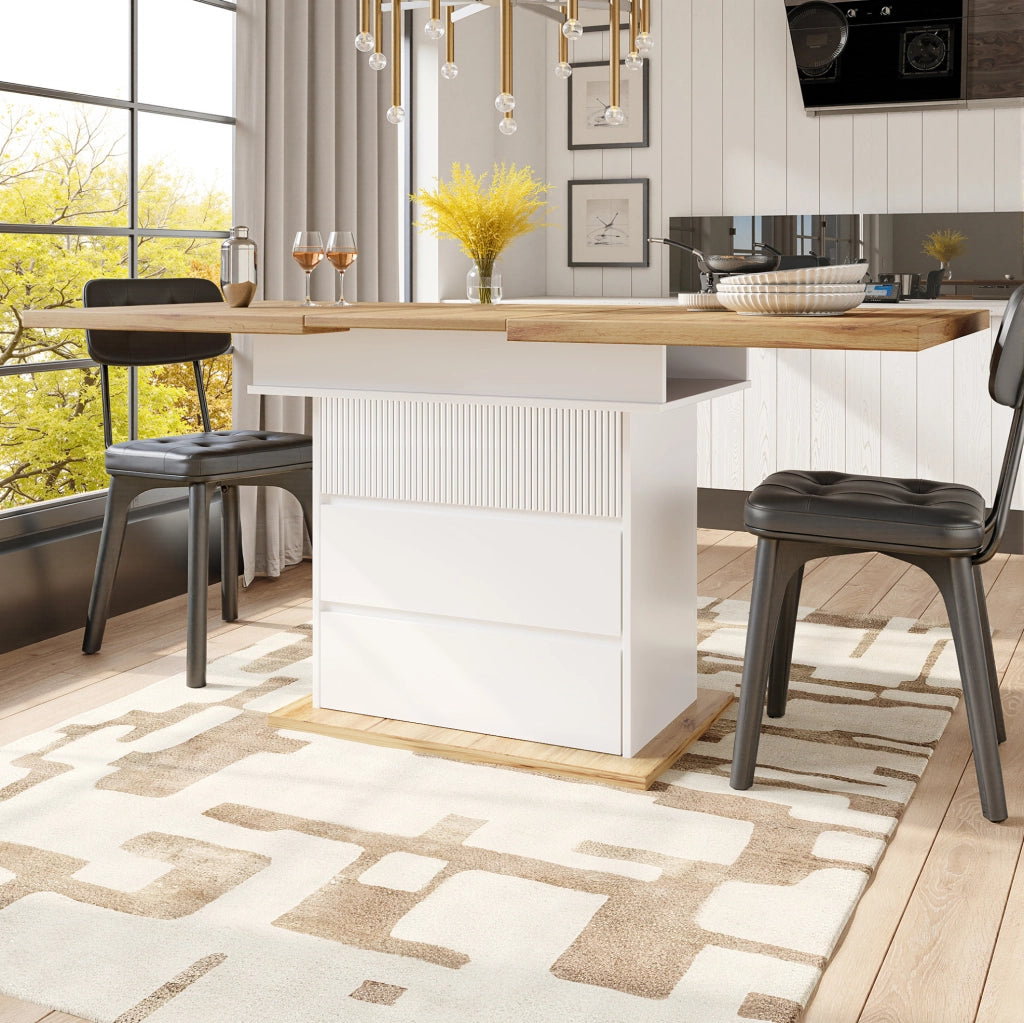 Tavolo da pranzo allungabile 110-140x80x75 cm con vano contenitore; MDF; bianco e naturale