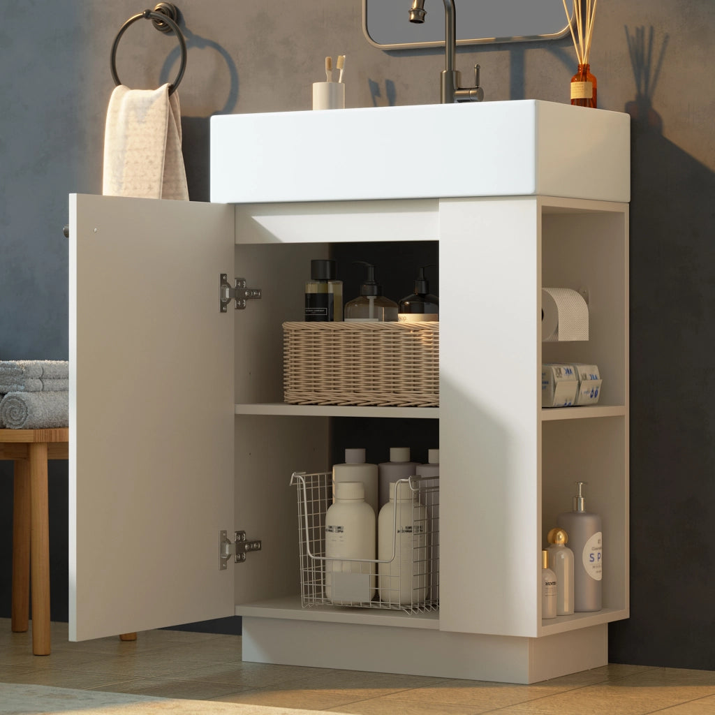 Mobile bagno con 1 anta; vani aperti e porta rotolo; lavabo in ceramica; soft close; per bagno; 55×32×87 cm