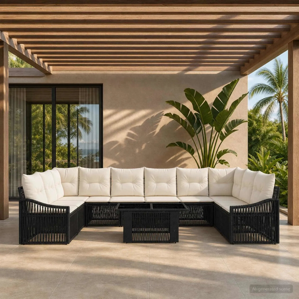Set Divano da Giardino 11 pz Nero e Bianco Crema polyrattan 3437299